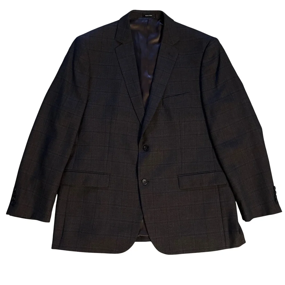 Pronto Uomo Platinum‎ Blazer Charcoal Grey Brown Windowpane 100% Wool 48 Long